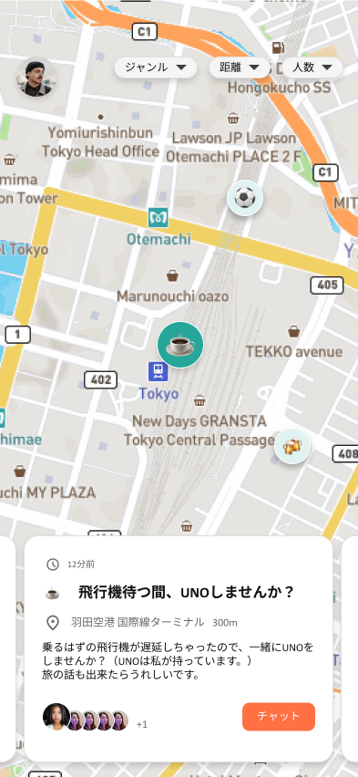 ComMeetの地図画面。地図上に近くのルームが表示されている